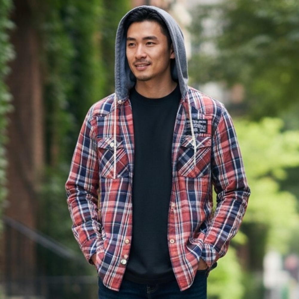 ROLLING PAPER | Men's Red Plaid‎ Lightweight Shirt Jacket Hoodie Casual | M